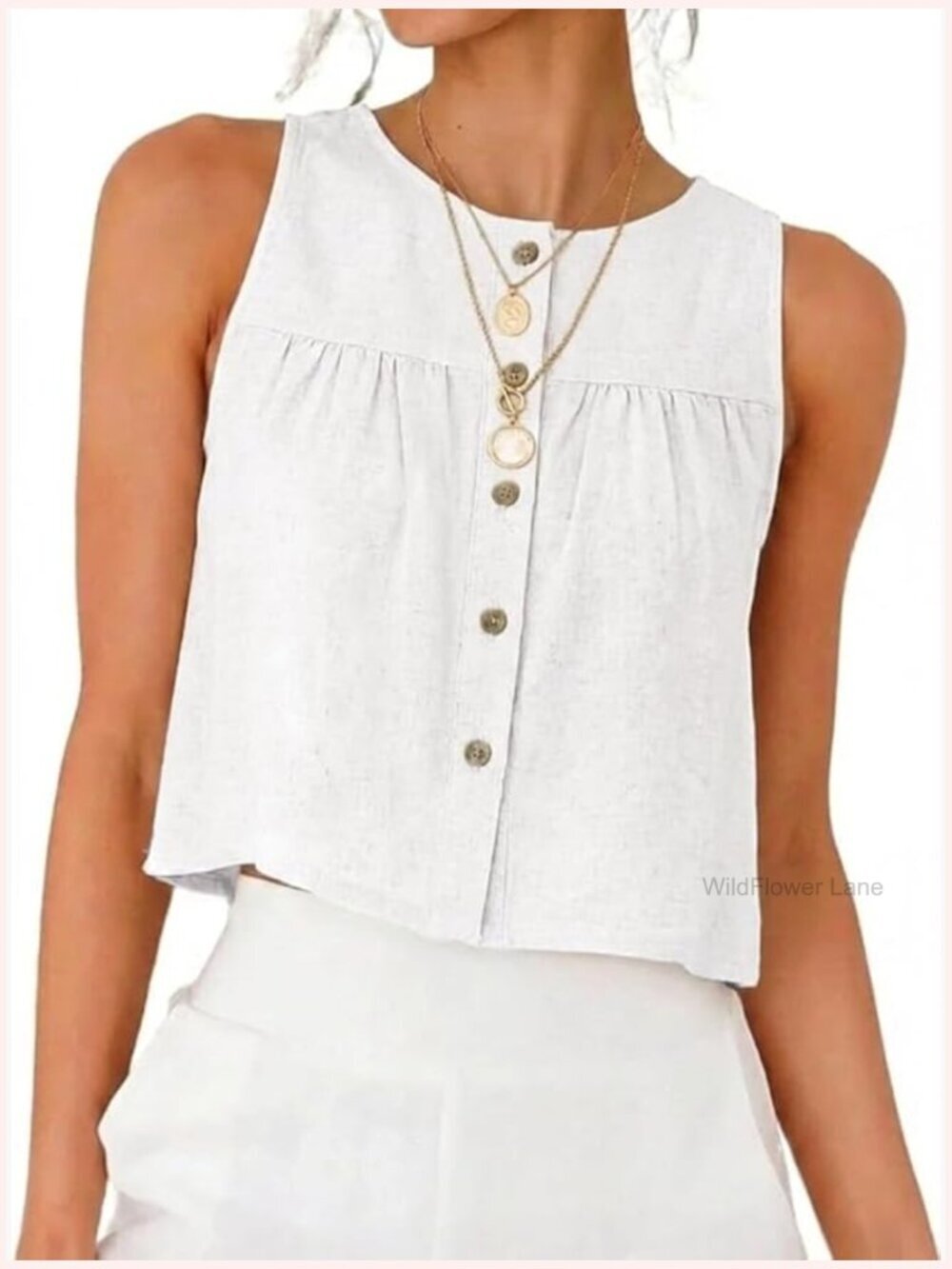 Button Down Linen Tank Top Sleeveless Blouse Crewneck Summer